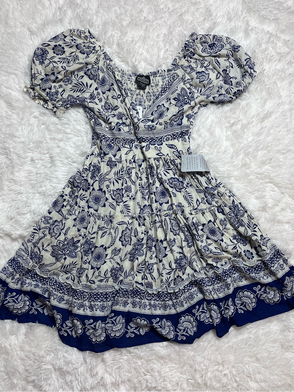 Angie White and Navy Floral Smocked Dress